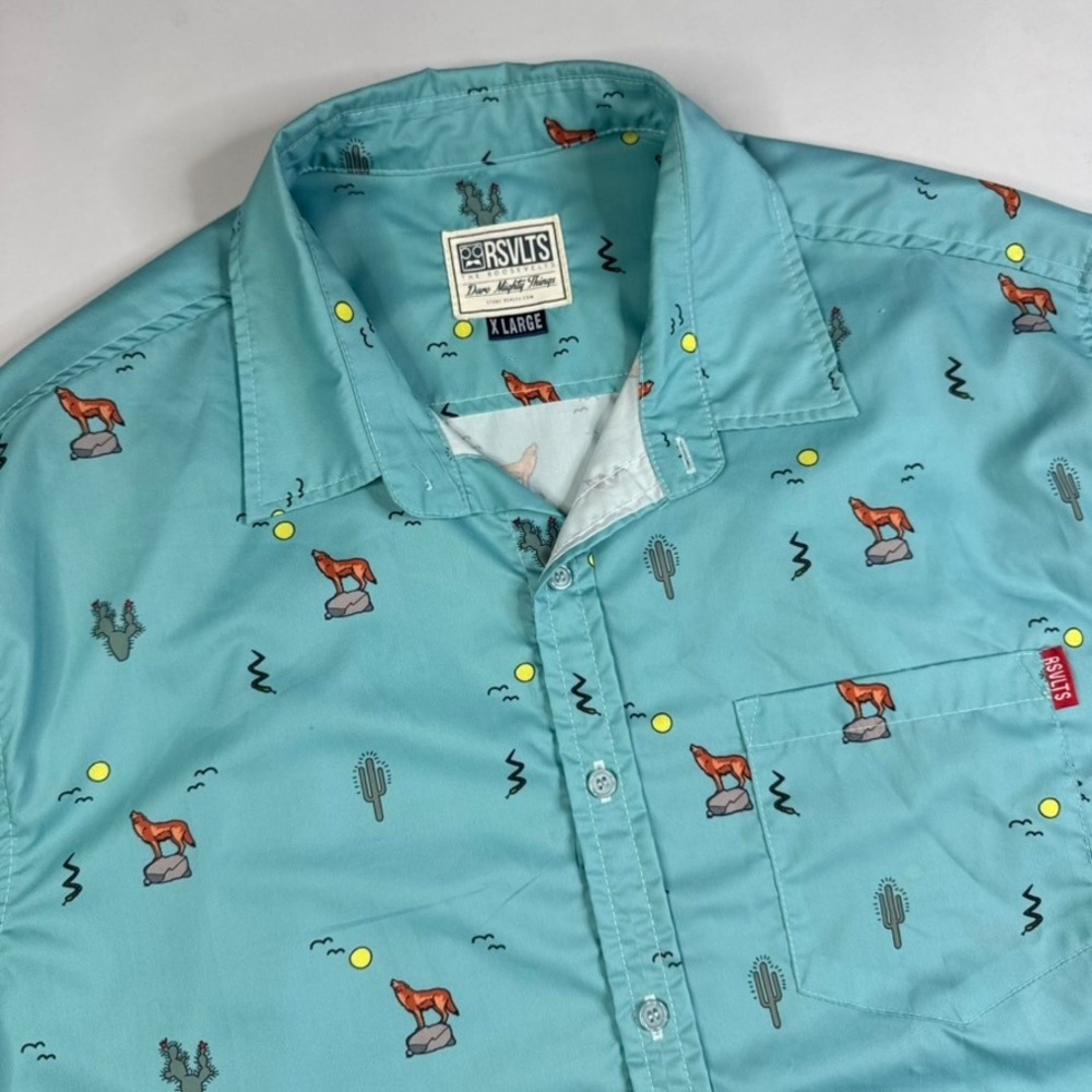 RSVLTS Mojave Button Down Shirt Mens XL Teal Blue Wolf Cactus Print Short Sleeve